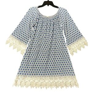 2 B Together Blue White Geo Print Crochet Lace Trim Shift Dress M Boho Resort